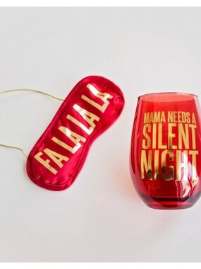 Slant Collections Silent Night Sleep Mask & Stemless Wine Glass Set Red & Gold